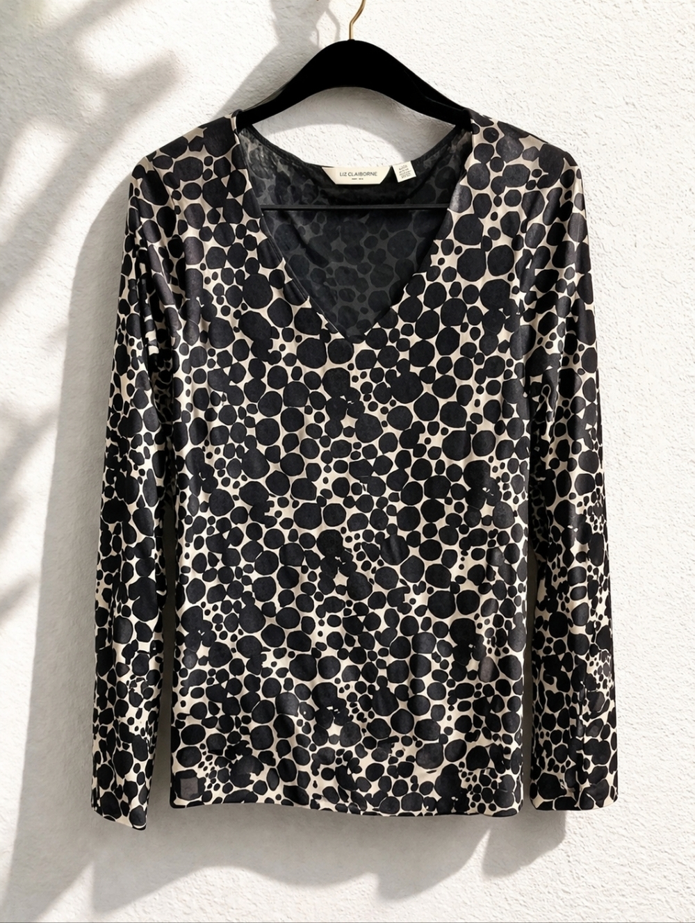 Liz Claiborne Black Off White Abstract  Dot Blouse V-neck Long Sleeve Large